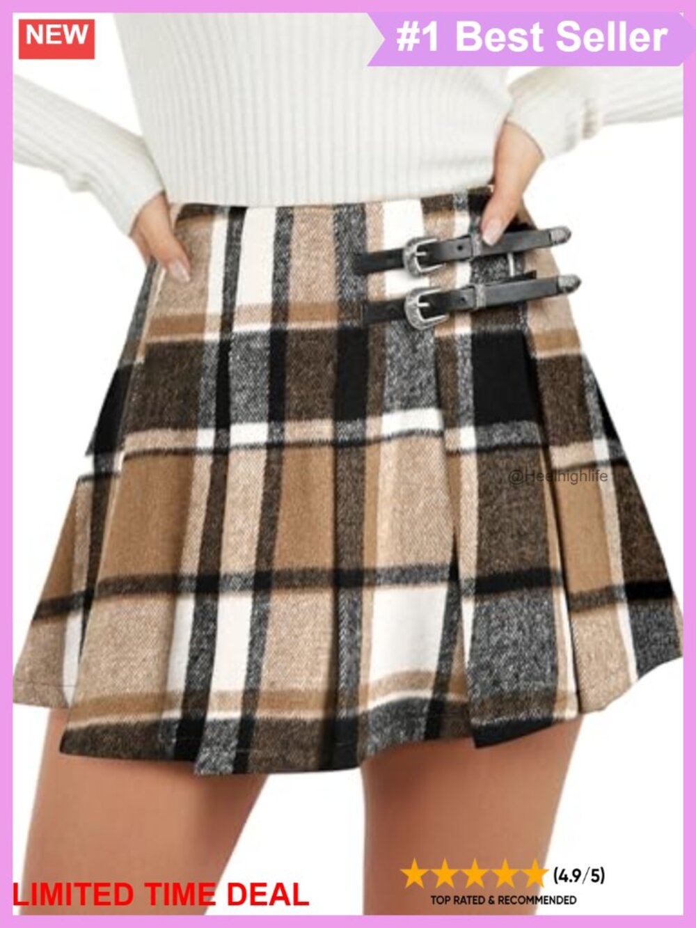 Pleated Plaid Mini Skirt with Built-in Shorts High Waisted A-Line